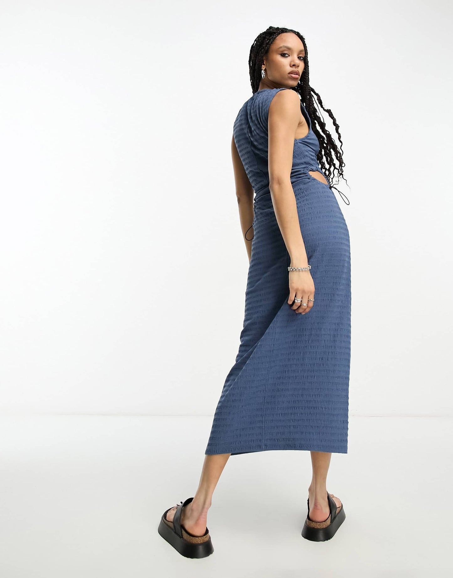 ASOS DESIGN crinkle midi dress with cut out side detail and toggle trim in blue