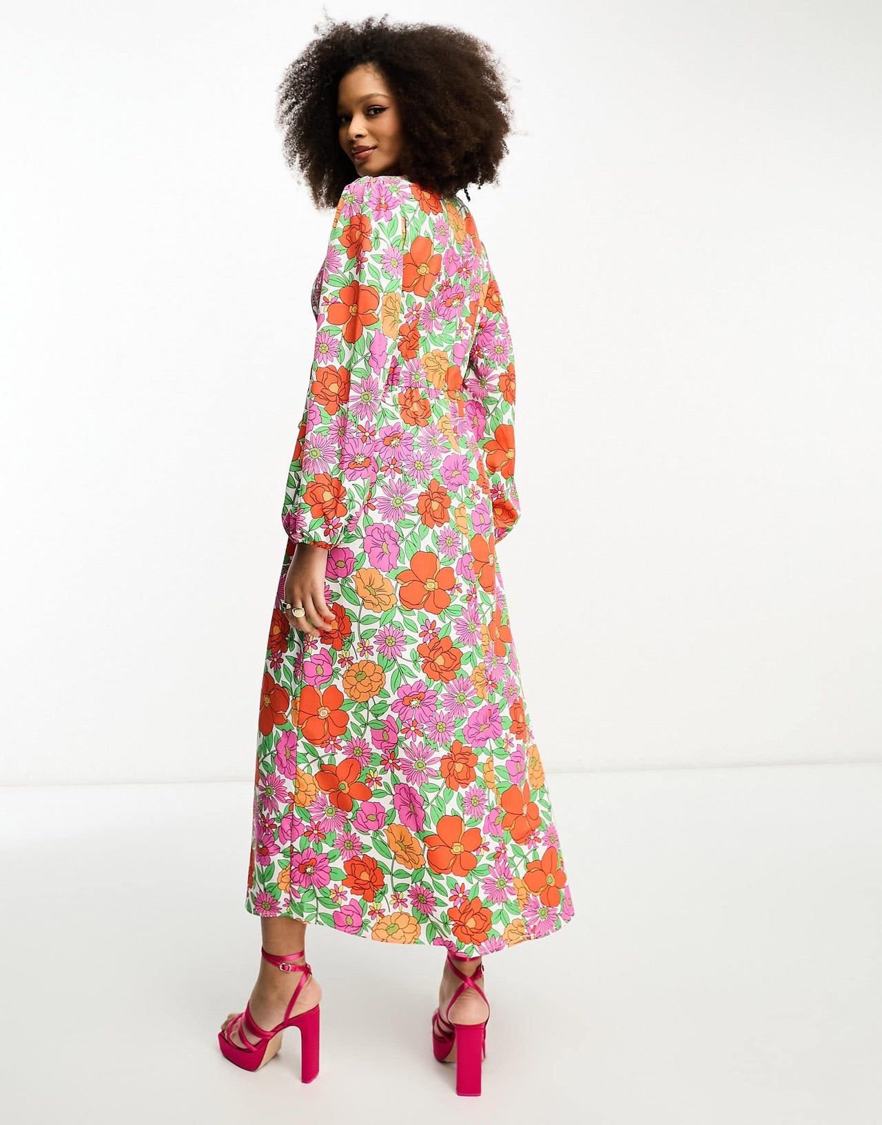 Vila balloon sleeve midi dress with frill waist in bright bold floral