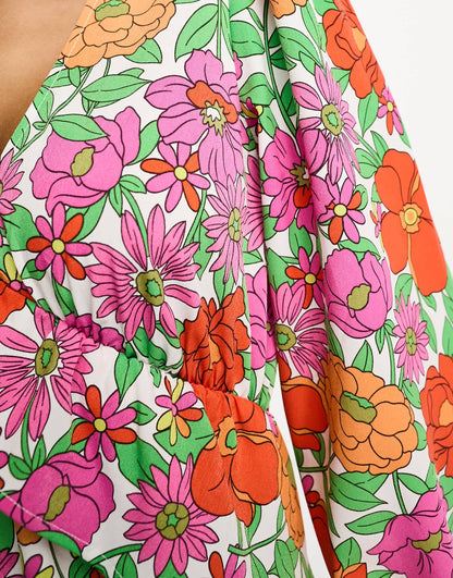 Vila balloon sleeve midi dress with frill waist in bright bold floral