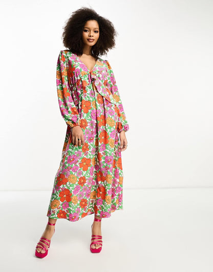 Vila balloon sleeve midi dress with frill waist in bright bold floral