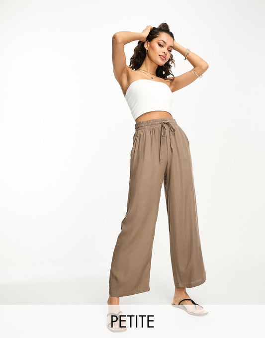 Vila Petite tie waist wide leg trousers in stone