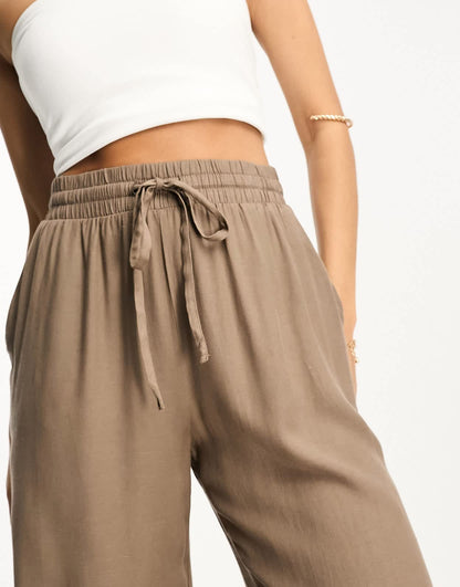 Vila Petite tie waist wide leg trousers in stone