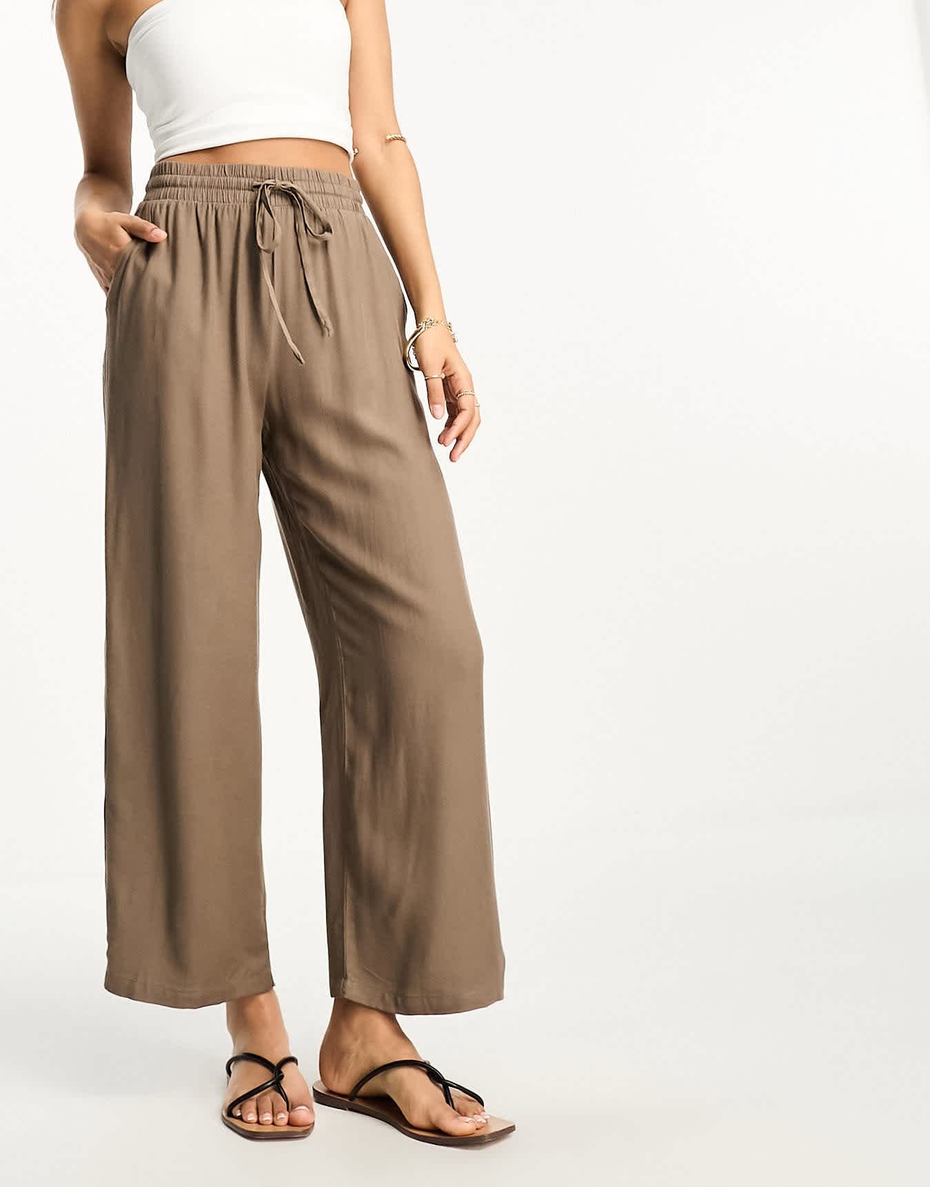 Vila Petite tie waist wide leg trousers in stone