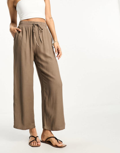 Vila Petite tie waist wide leg trousers in stone