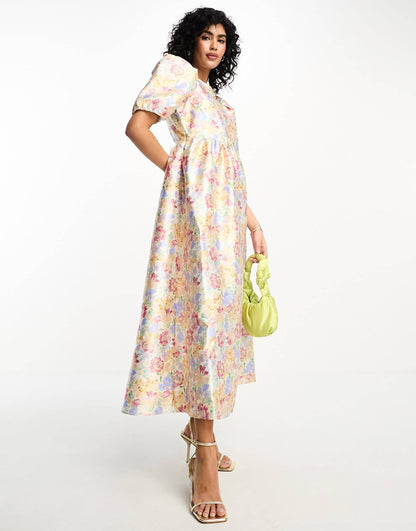 Vila shimmer jacquard midi prom dress in pastel floral