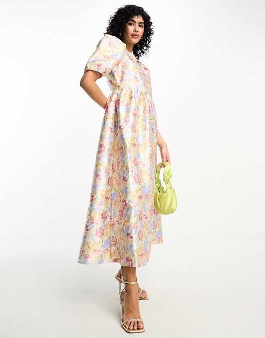 Vila shimmer jacquard midi prom dress in pastel floral