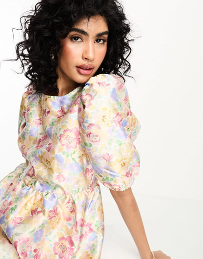 Vila shimmer jacquard midi prom dress in pastel floral