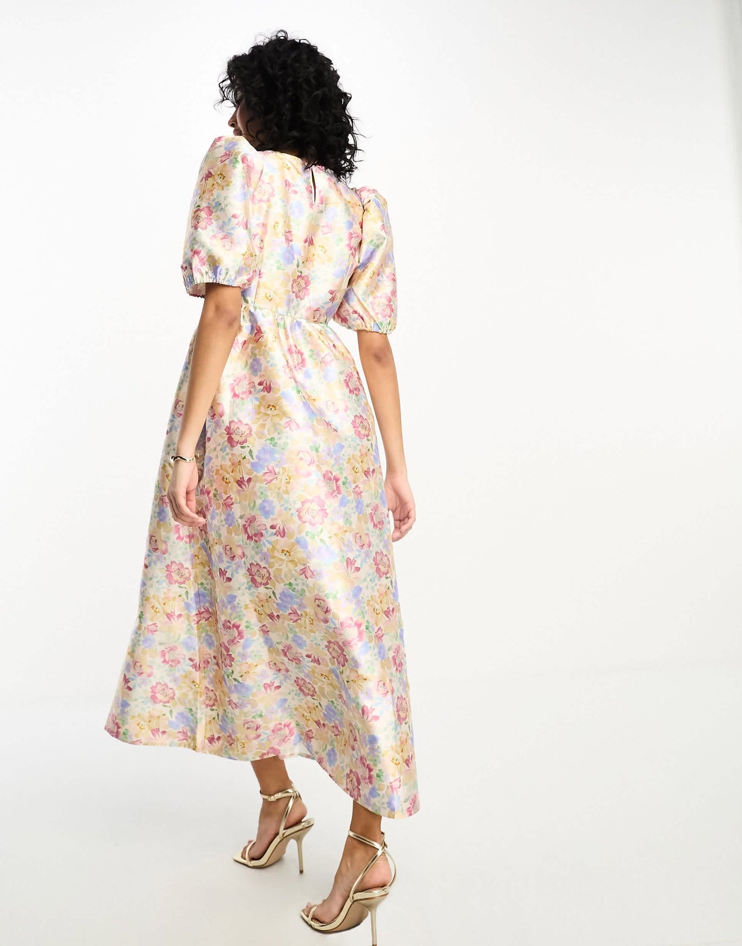 Vila shimmer jacquard midi prom dress in pastel floral