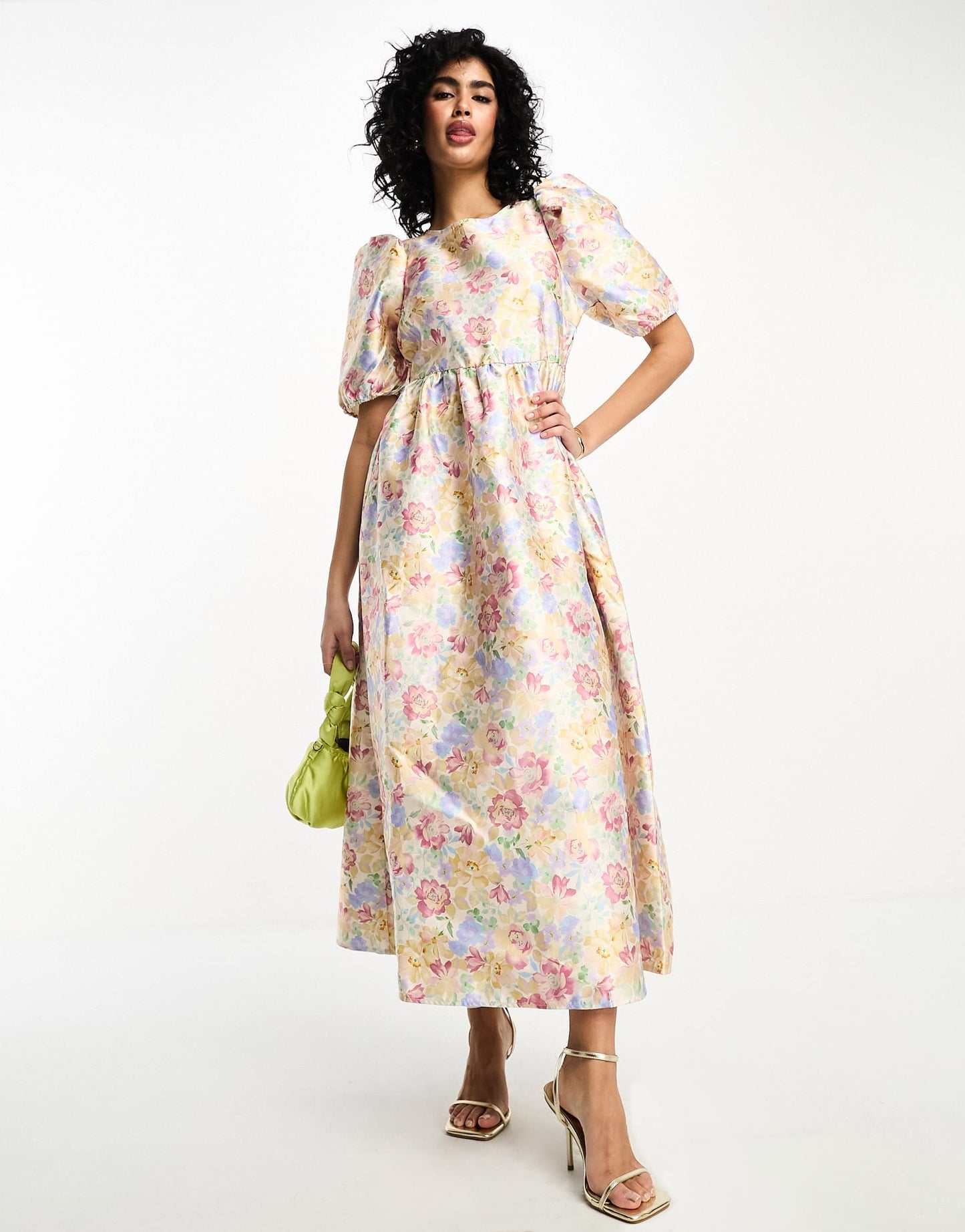 Vila shimmer jacquard midi prom dress in pastel floral