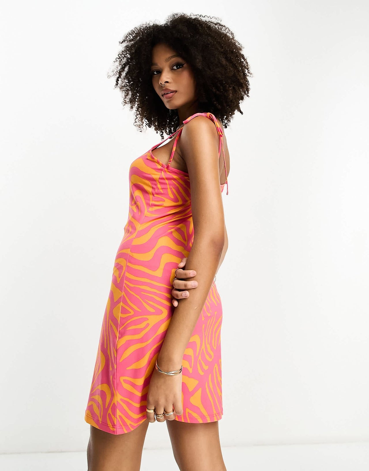 Vila tie strap cami mini dress in pink and orange animal print