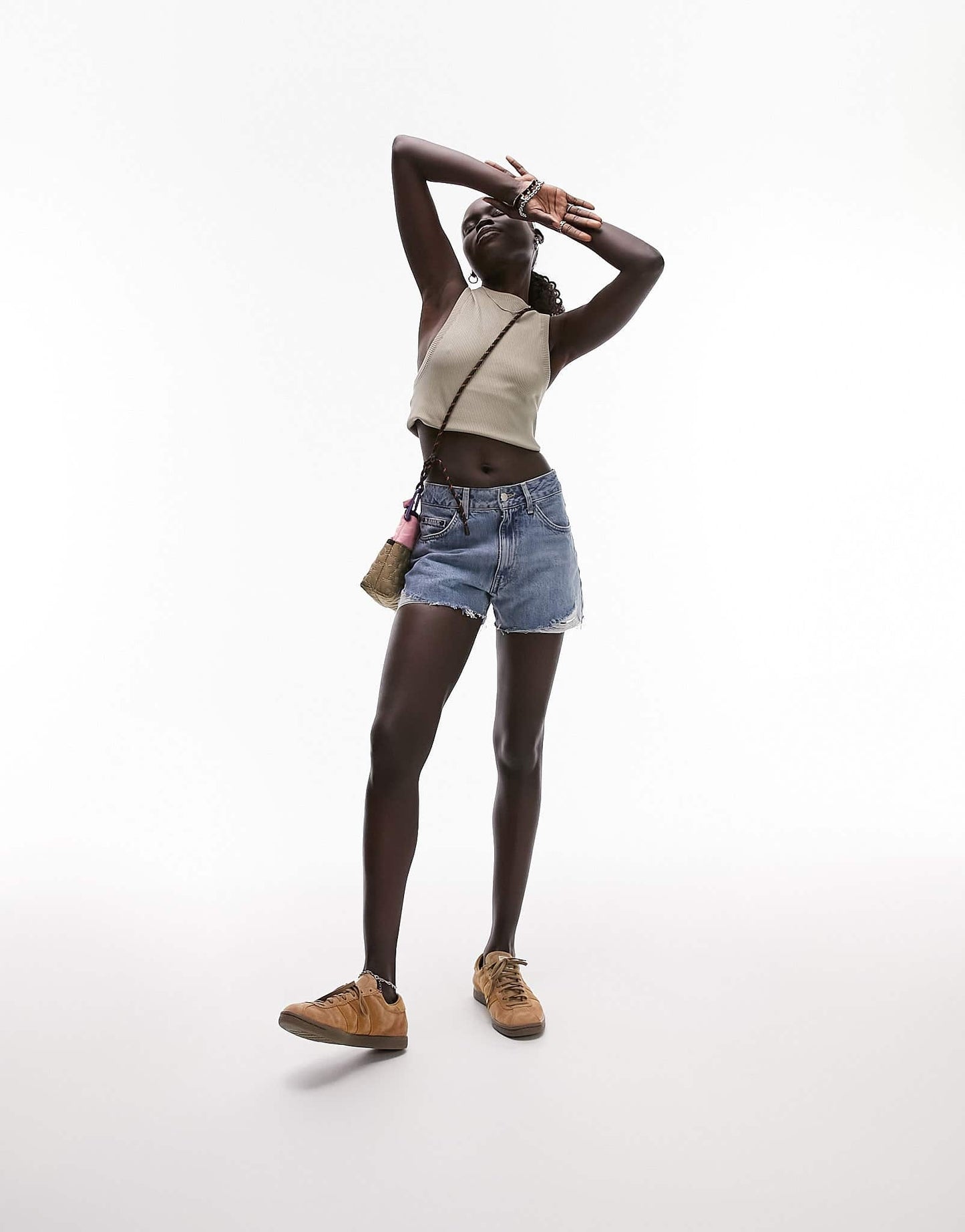 Topshop Petite denim a-line mom short with rip in mid blue