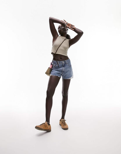 Topshop Petite denim a-line mom short with rip in mid blue