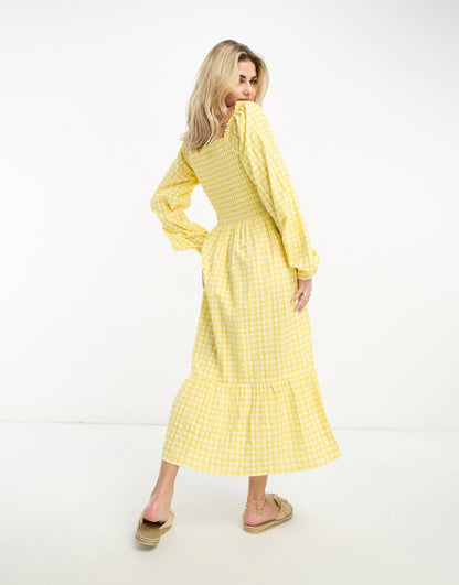 Monki long sleeve midi dress with ruffled hem in yellow gingham