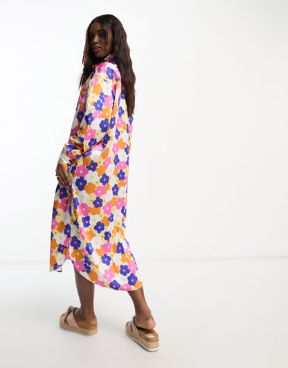 Monki maxi satin floral print shirt dress in multi