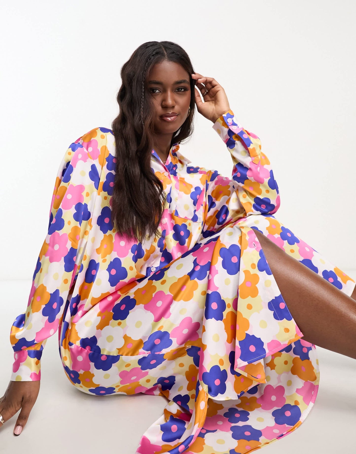 Monki maxi satin floral print shirt dress in multi