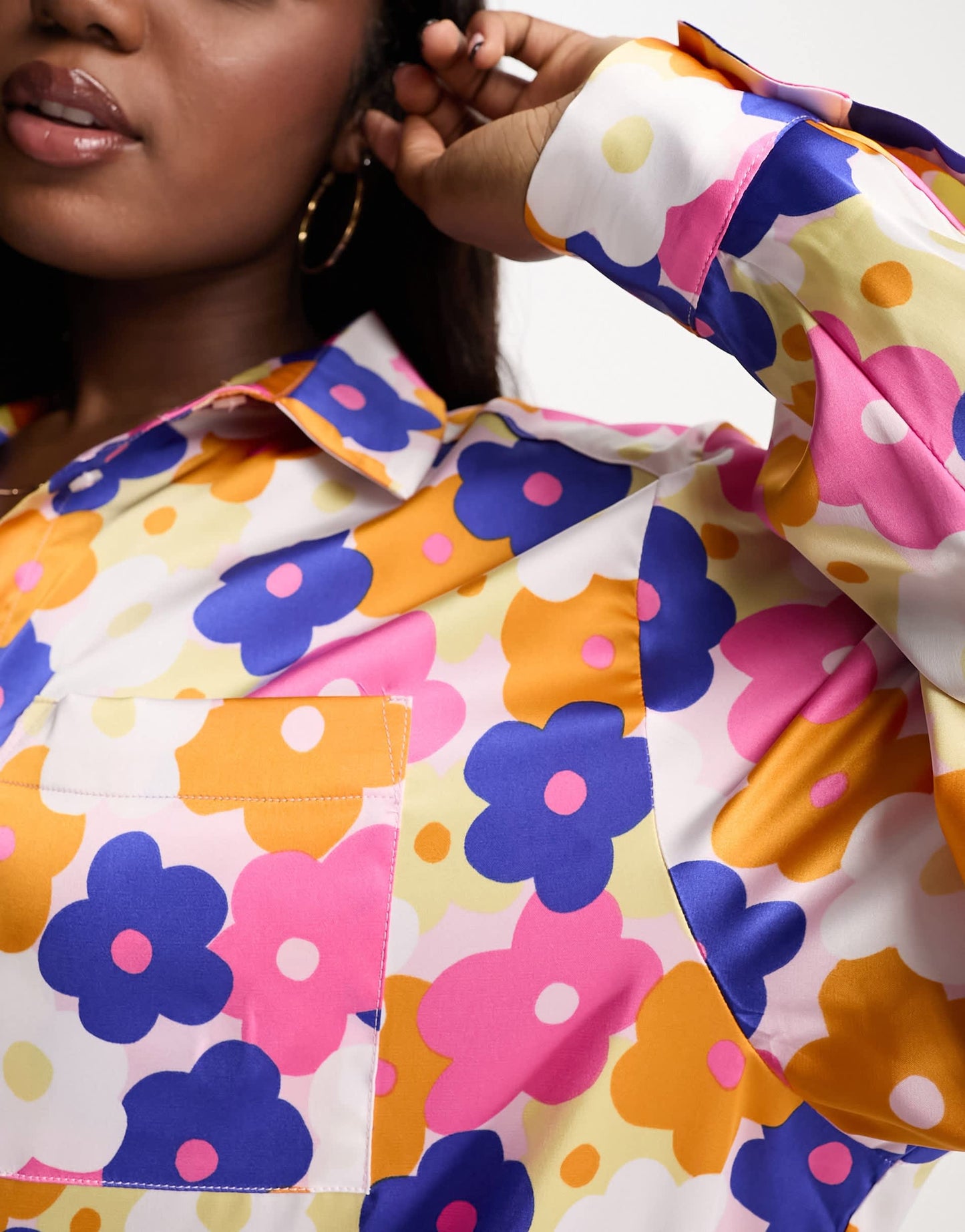 Monki maxi satin floral print shirt dress in multi