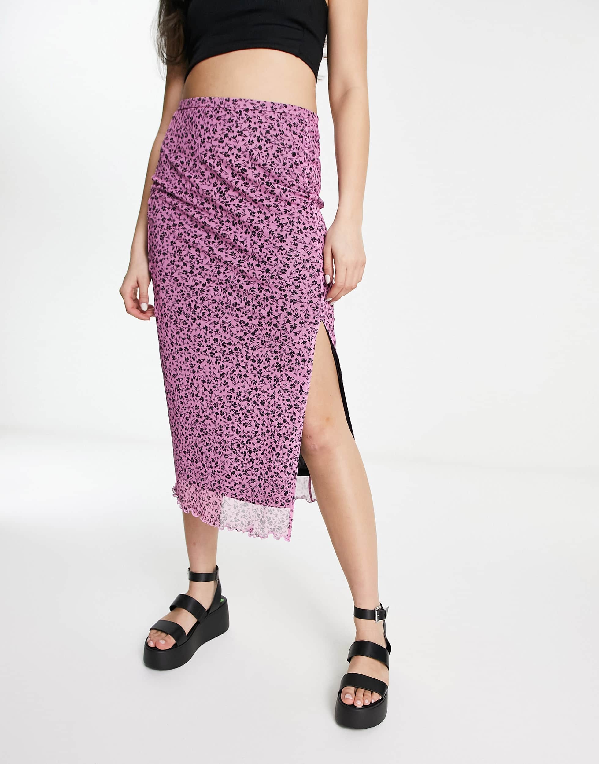 Monki mesh midi skirt with split in pink meadow floral