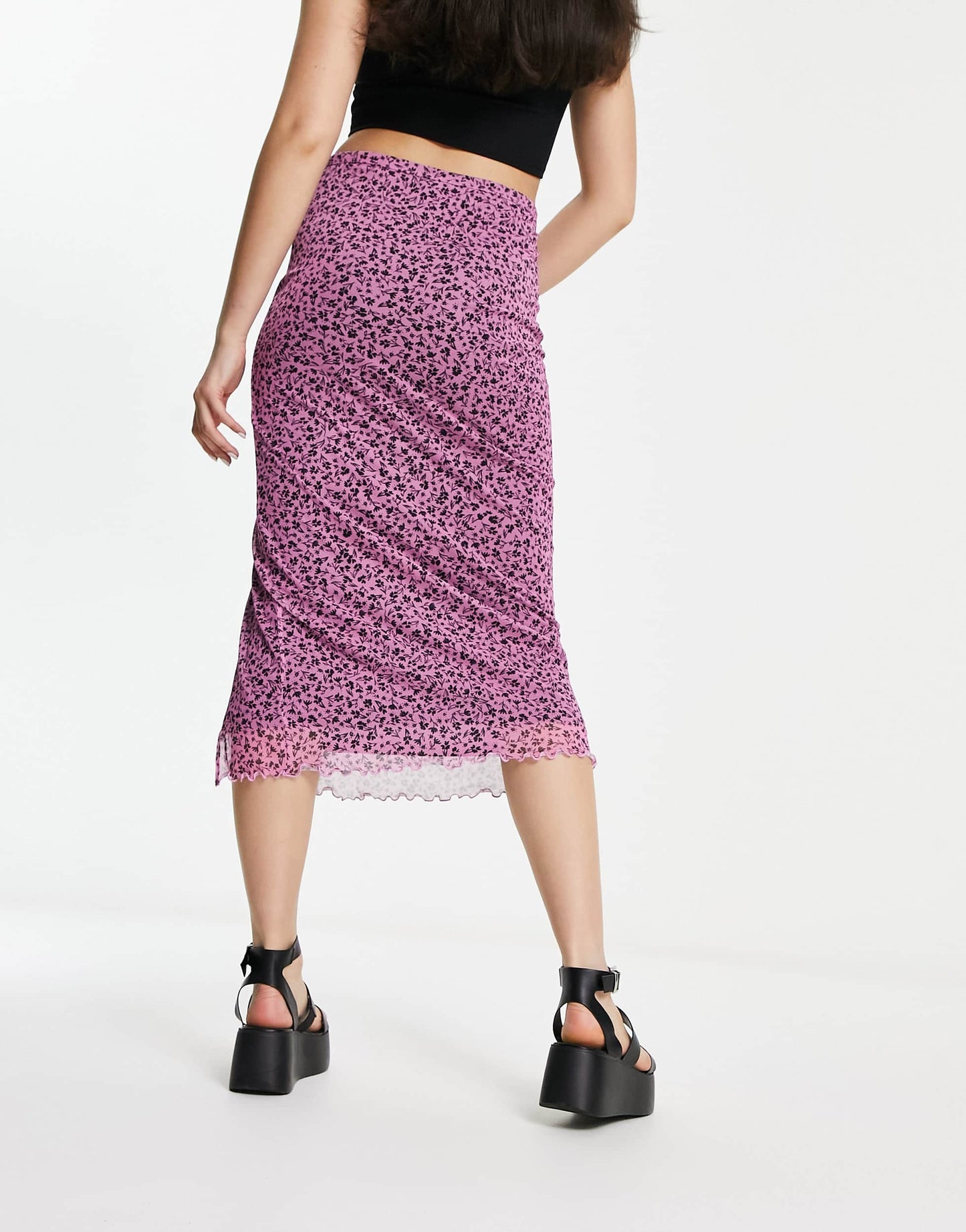 Monki mesh midi skirt with split in pink meadow floral