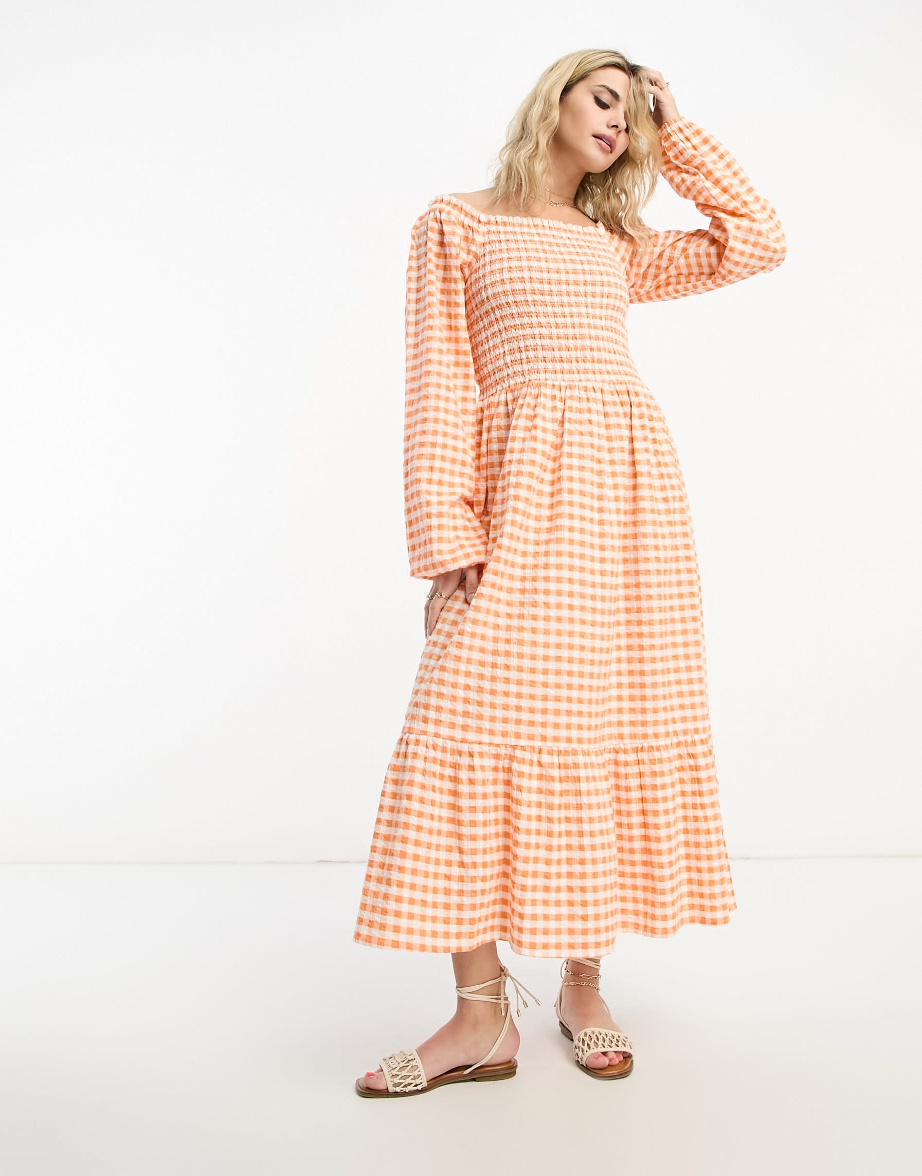 Monki long sleeve midi dress with ruffled hem in orange gingham