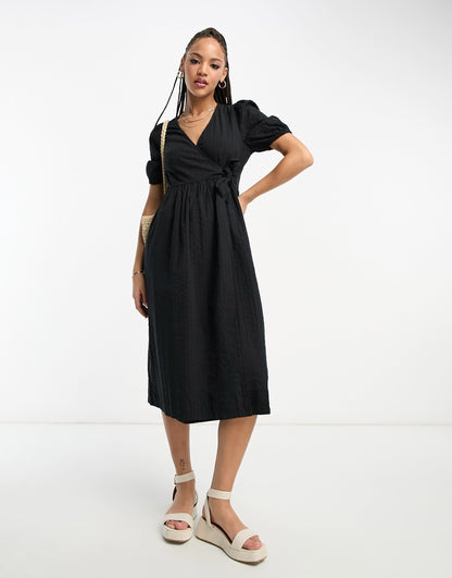 Monki short sleeve midi dress in black