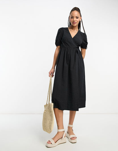 Monki short sleeve midi dress in black