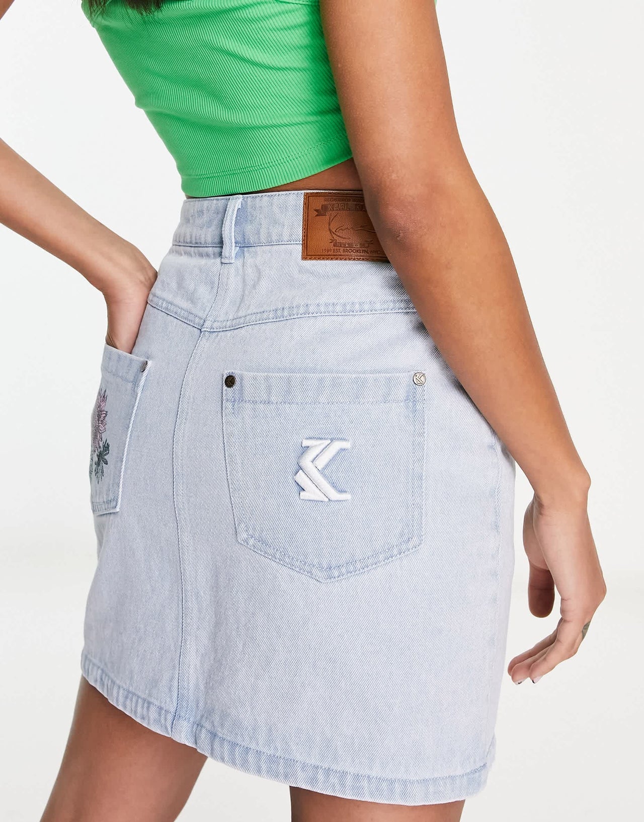 Karl Kani OG denim skirt in light blue with floral embroidery