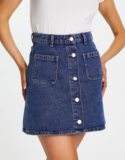 Monki denim button through mini skirt in mid blue wash