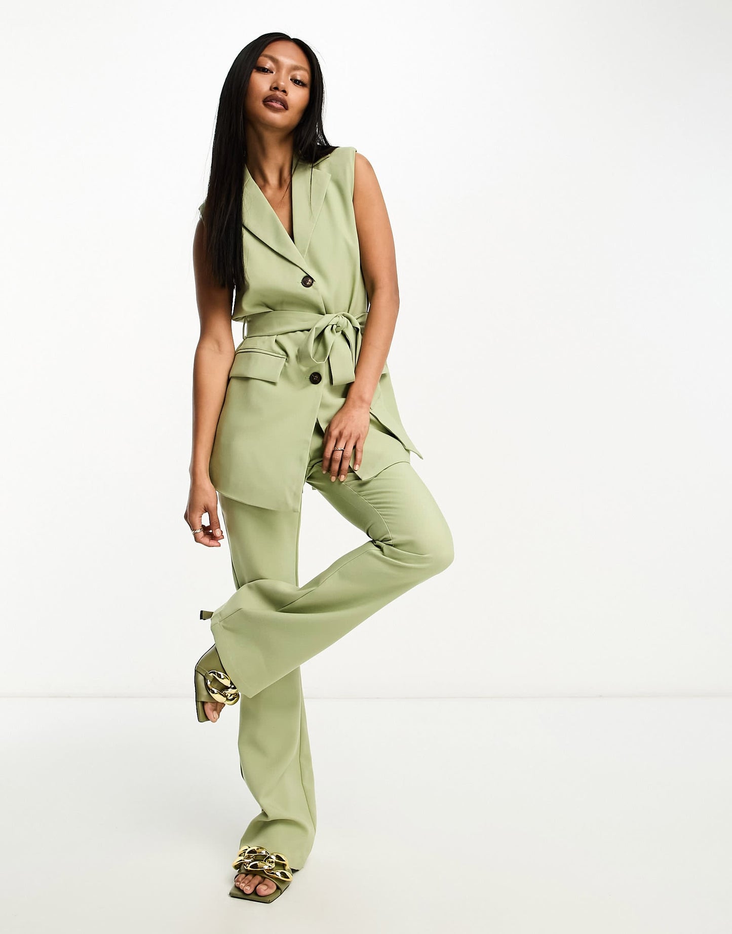 In The Style tailored flared trousers co-ord in sage