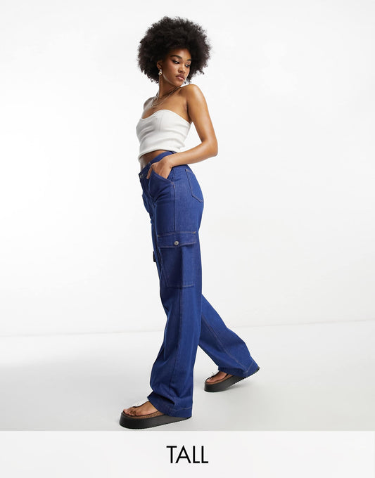River Island Tall cargo pocket wide leg jean in dark blue wash