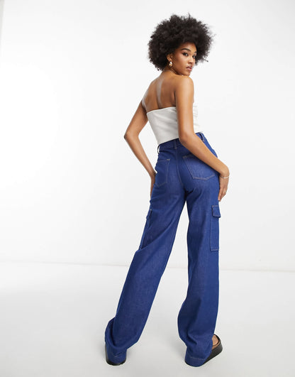 River Island Tall cargo pocket wide leg jean in dark blue wash