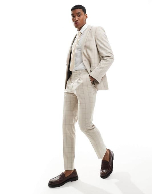 Shelby and Sons wainwright slim suit trousers in stone with windowpane check