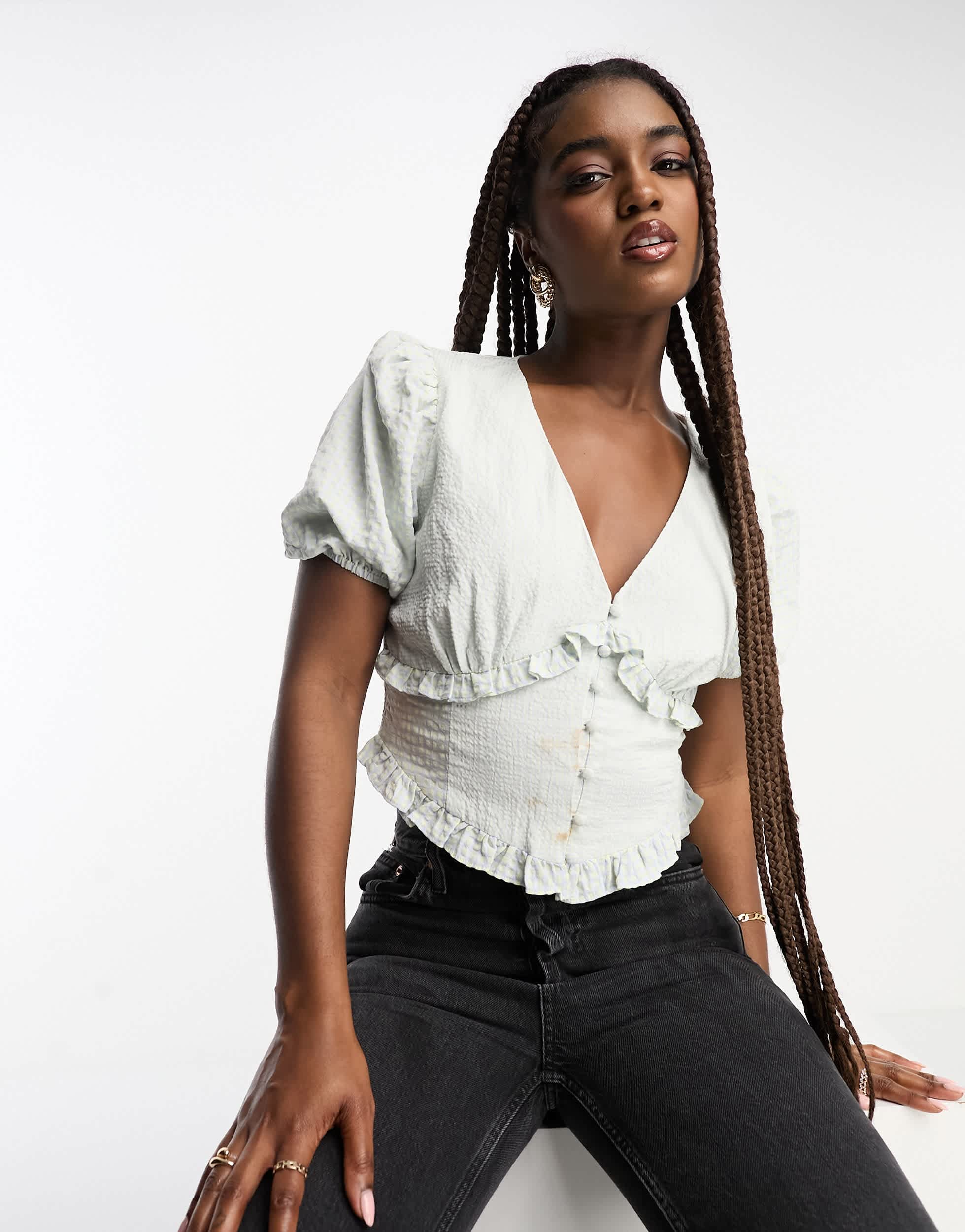 The Frolic exclusive v-neck button front puff sleeve blouse in blue gingham