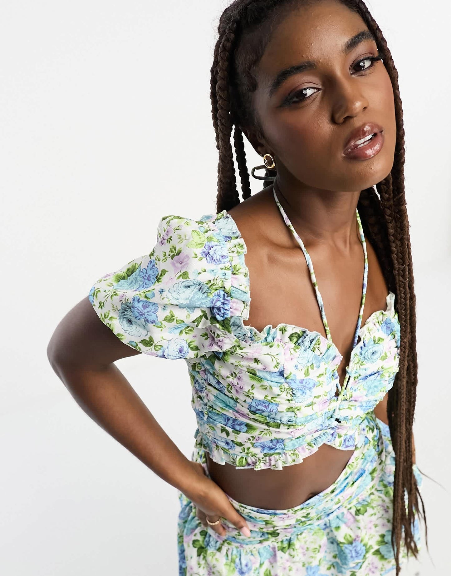 The Frolic exclusive lattice detail puff sleeve crop blouse co-ord in vintage bloom floral