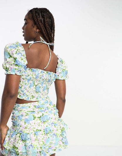The Frolic exclusive lattice detail puff sleeve crop blouse co-ord in vintage bloom floral