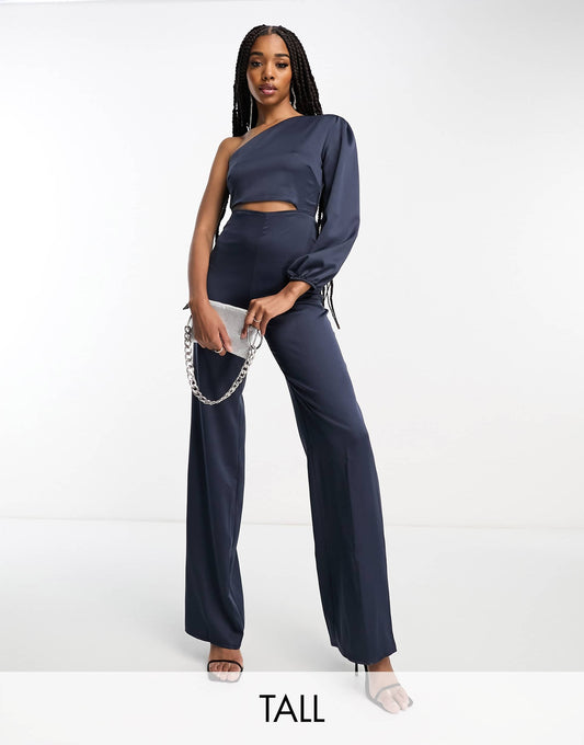 Vesper Tall bengaline one shoulder cut out detail jumpsuit in navy