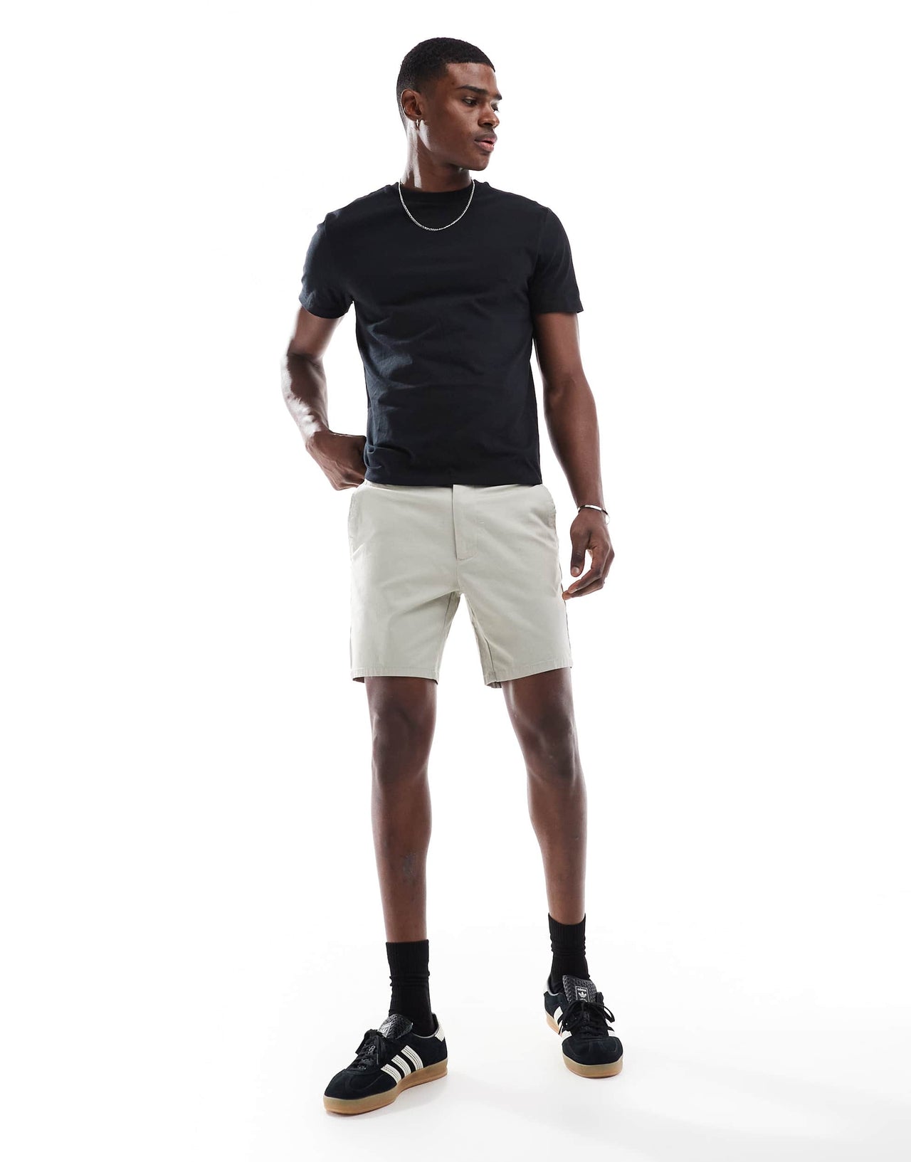 ASOS DESIGN slim shorts in mid length in beige