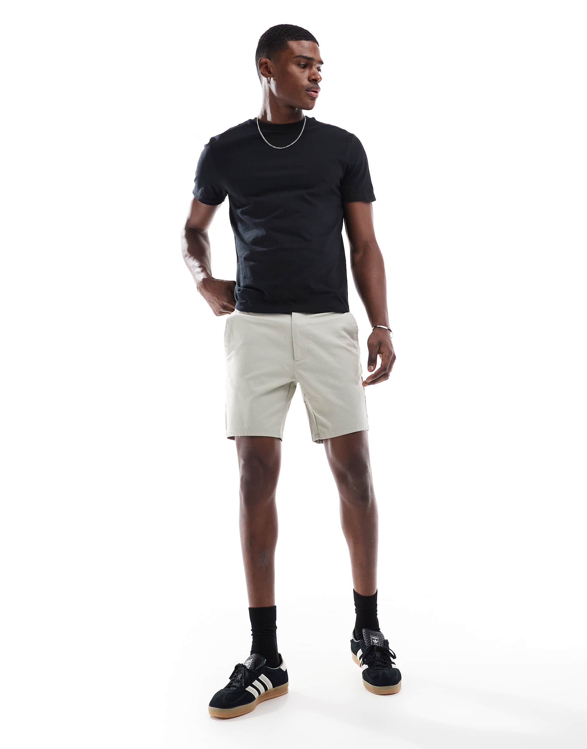 ASOS DESIGN slim shorts in mid length in beige