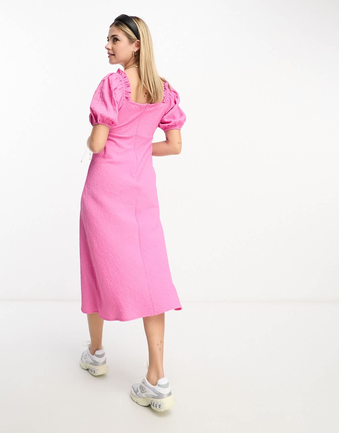 Influence tie front textured midi dress in pink
