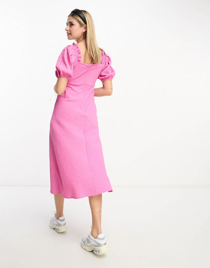 Influence tie front textured midi dress in pink