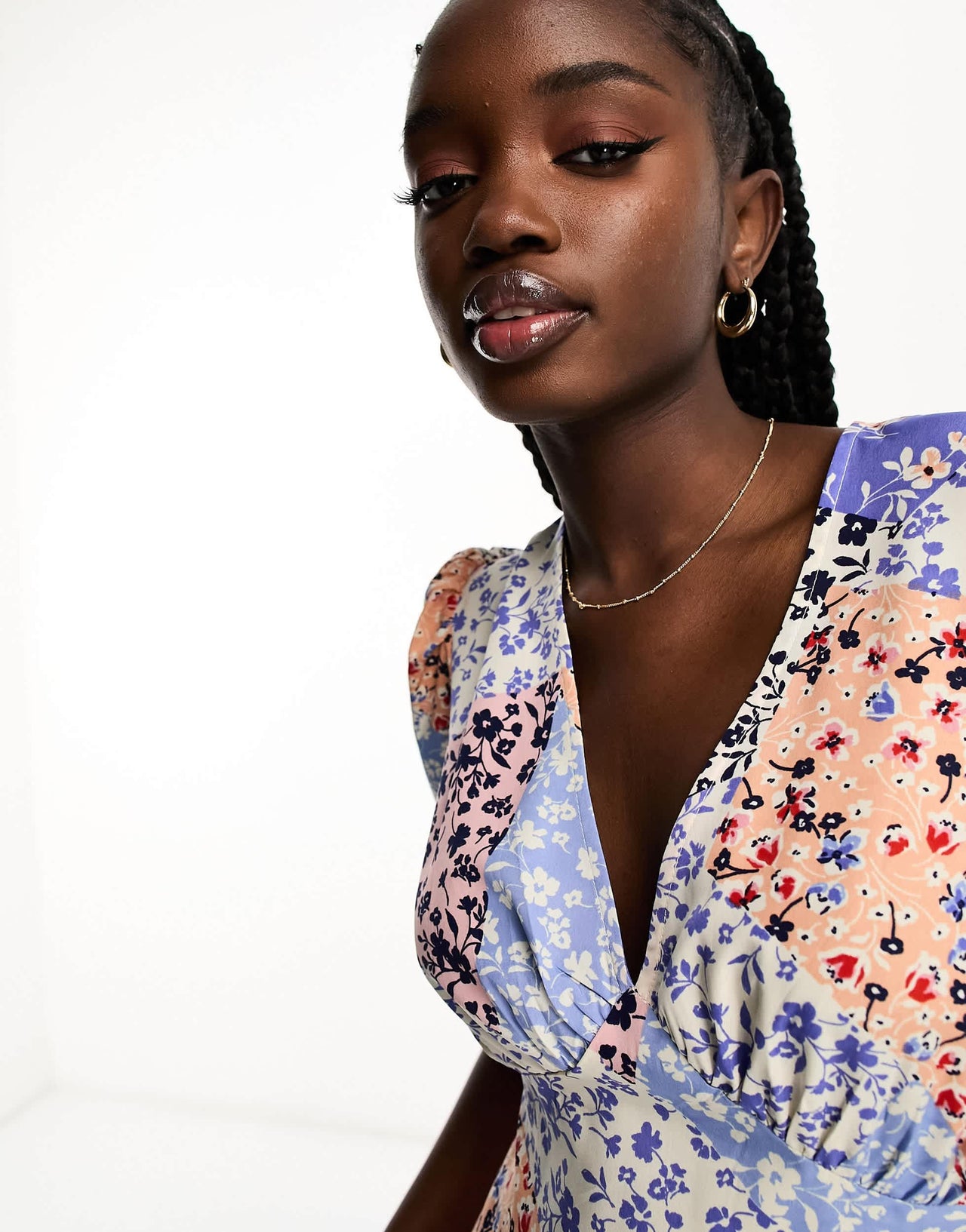 Influence v neck midi dress in patchwork multi floral