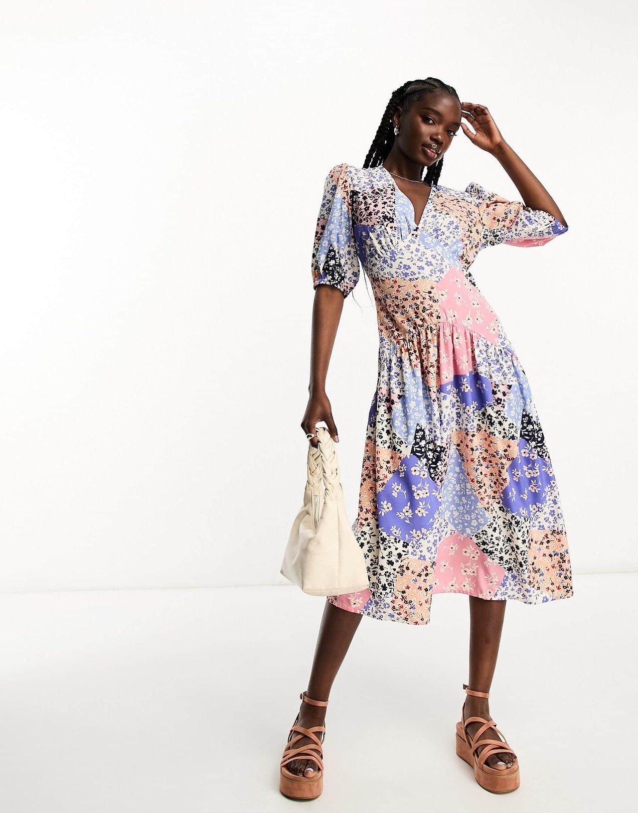 Influence v neck midi dress in patchwork multi floral