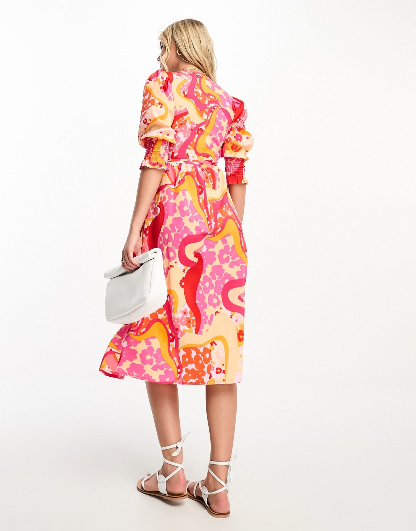 Influence wrap front long sleeve midi dress in orange swirl floral