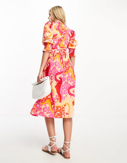 Influence wrap front long sleeve midi dress in orange swirl floral
