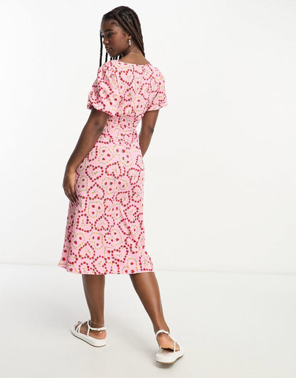 Influence tie front midi dress in heart print