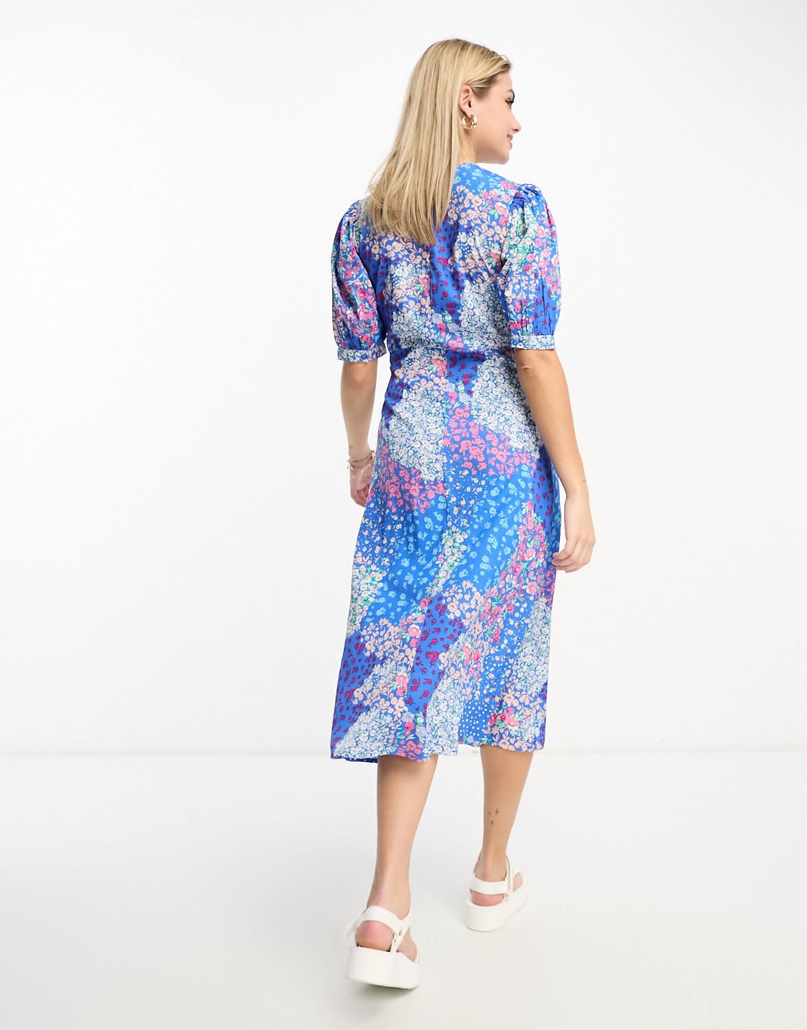 Influence puff sleeve midi tea dress in blue floral print