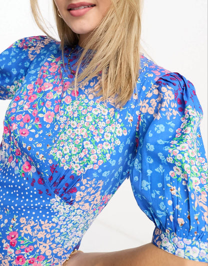 Influence puff sleeve midi tea dress in blue floral print