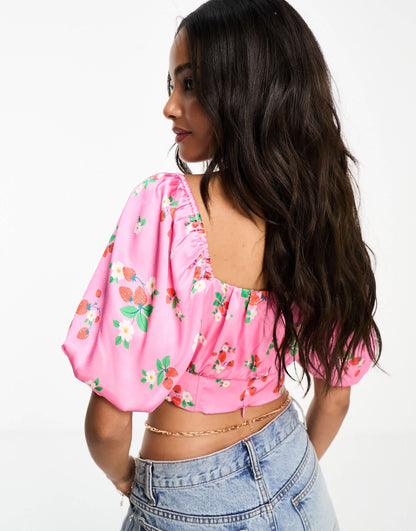 Influence satin corset crop top in pink strawberry floral print