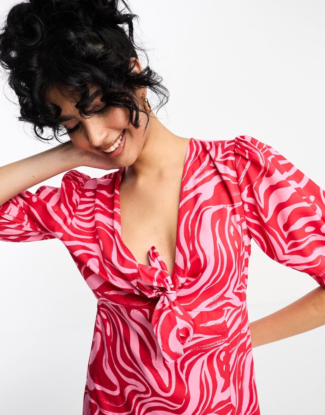 Influence tie front midi dress in red abstract print