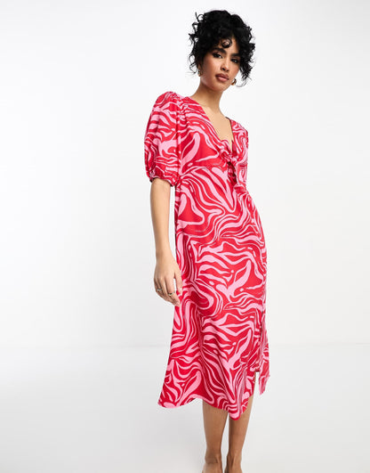 Influence tie front midi dress in red abstract print