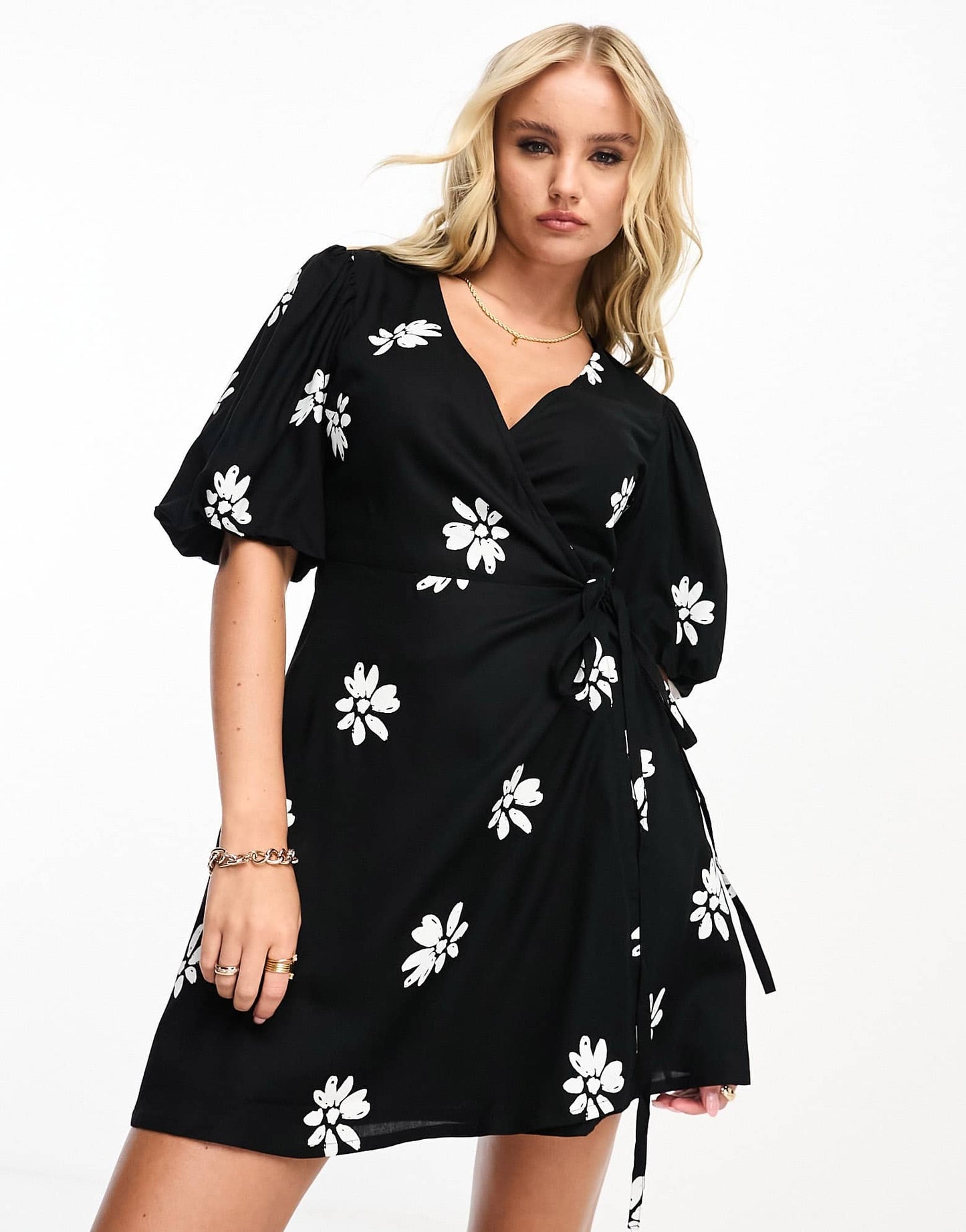 Influence wrap front mini dress in monochrome floral print